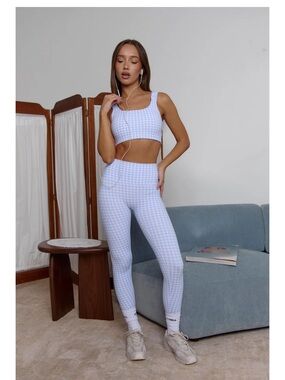 Astoria Luxe Full Length Blue Gingham Leggings NWT